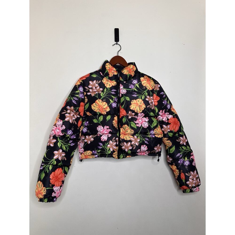 Pink Ripple Black Floral Cropped Women's Puffer Jacket Small Heavy Weighted